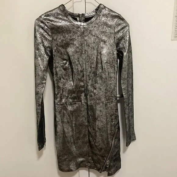 RTA Calfskin Silver Metallic Leather Mini Dress with Exposed Zippers. Size 0. - Picture 2 of 11